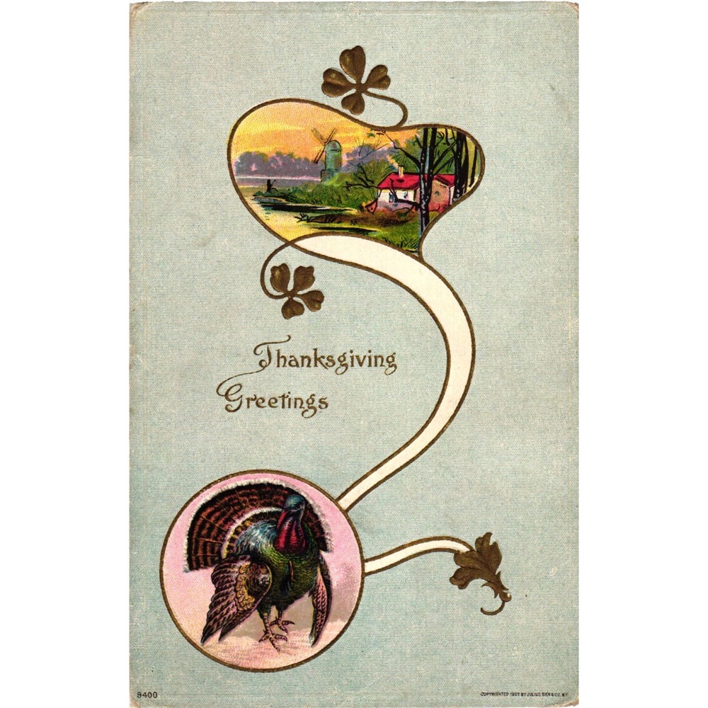Vintage 1909 Thanksgiving Greetings Postcard Turkey Windmill Julio Bien 9400